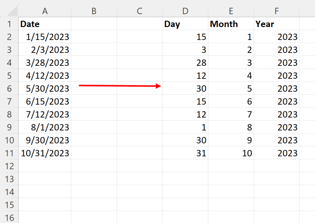 How can I split a date into its corresponding day, month, and year using Excel? 2