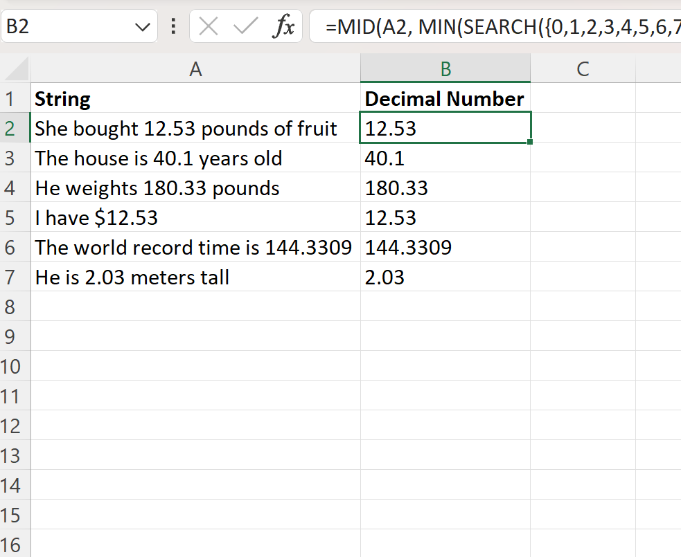 Excel extract decimal number from string