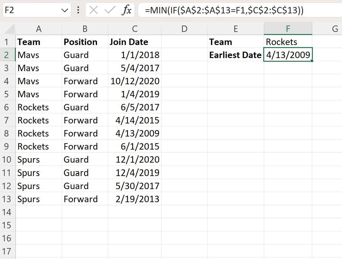Excel find earliest date based on one criteria