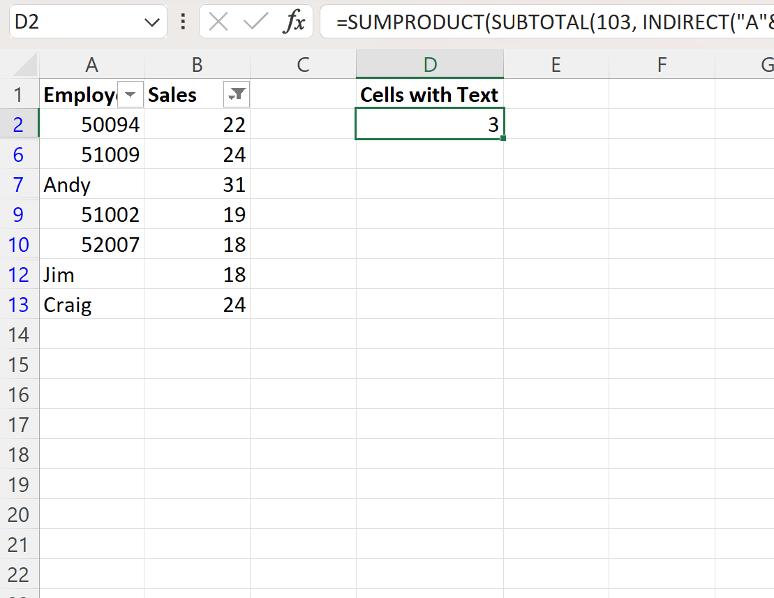 Excel count filtered cells with text