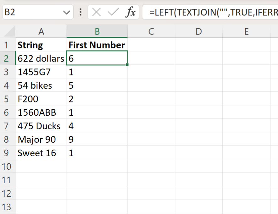 Excel extract first number from string