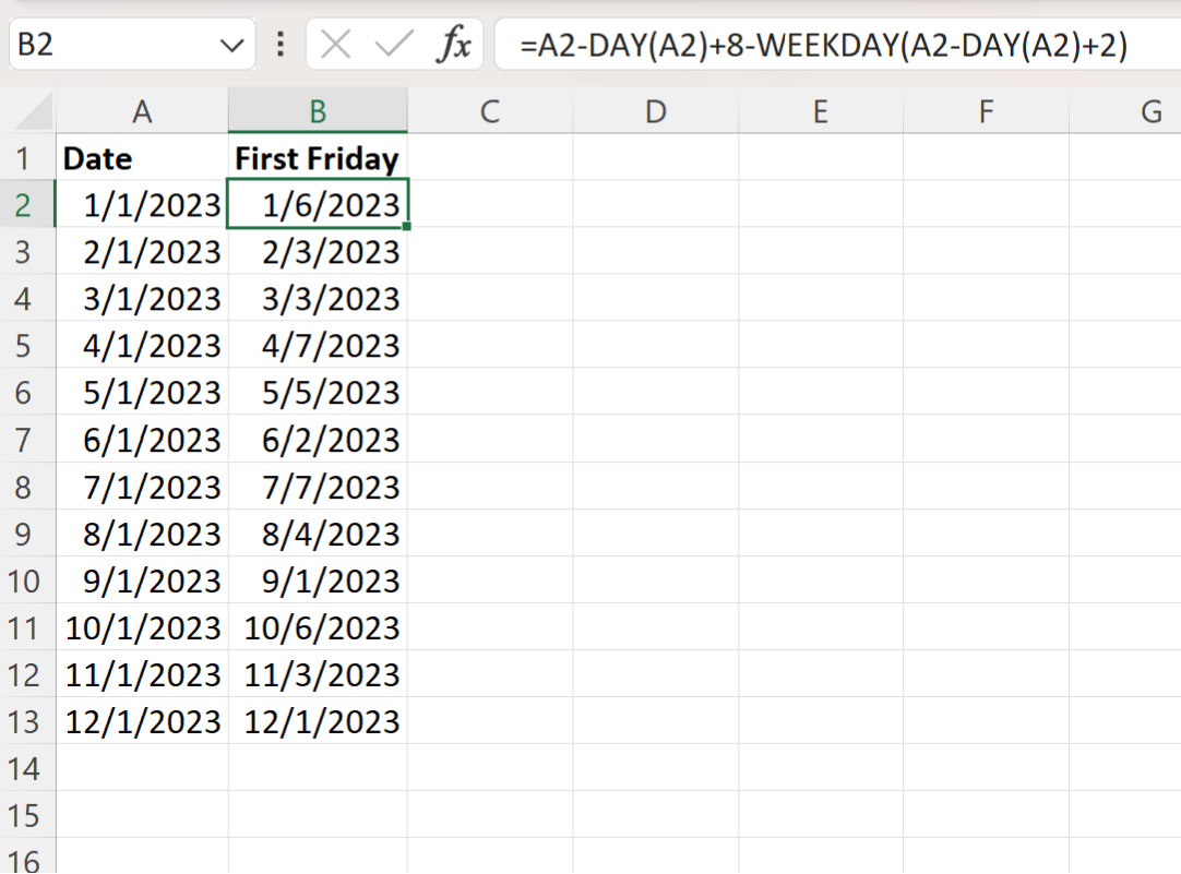Excel find first Friday of month