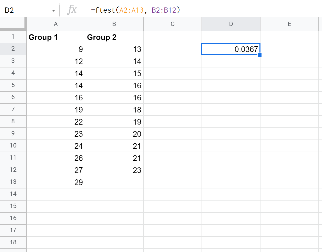 fsheets2 F-test in Google Sheets