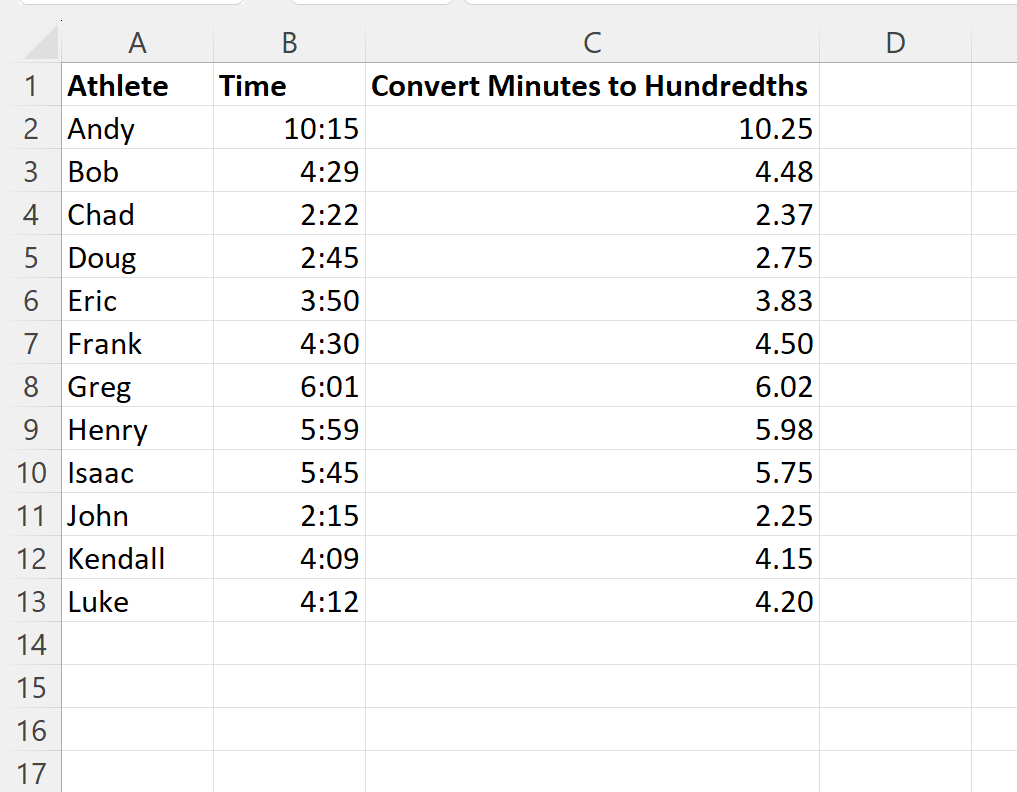 hund3 Excel convert minutes to hundredths