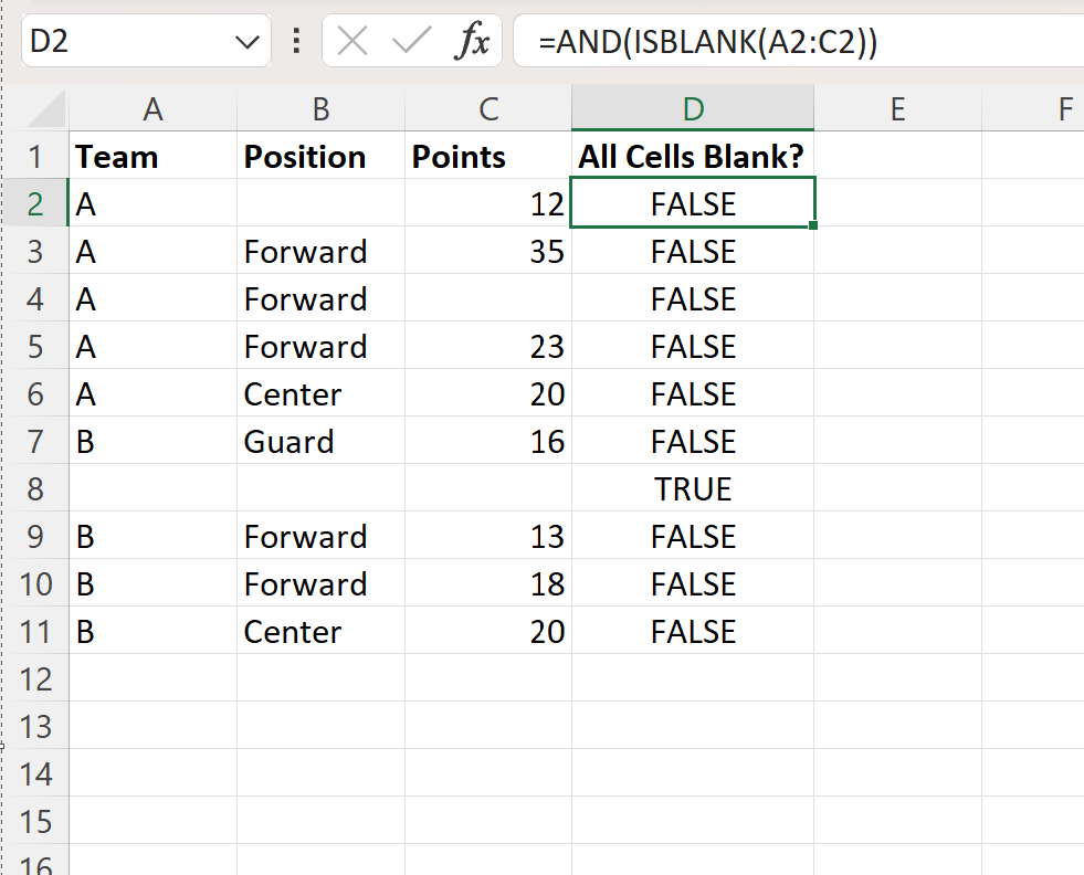 Excel ISBLANK range