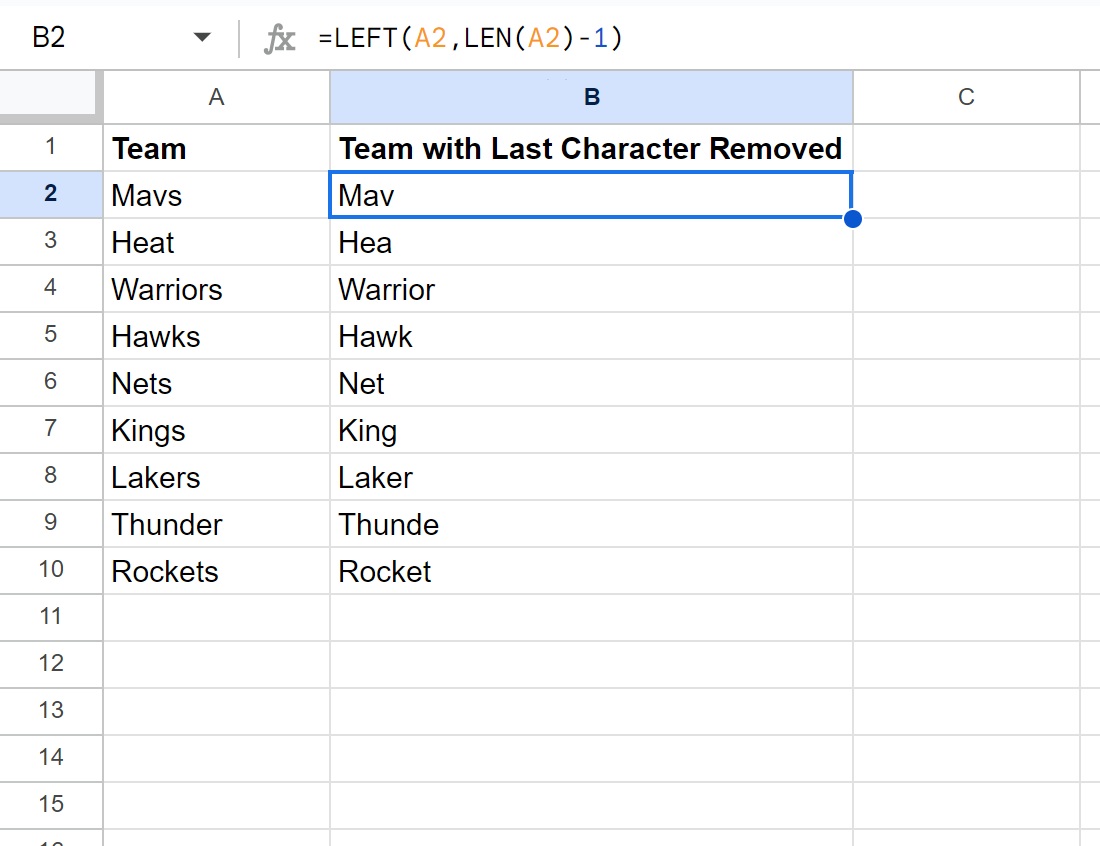 Google Sheets remove last character from string