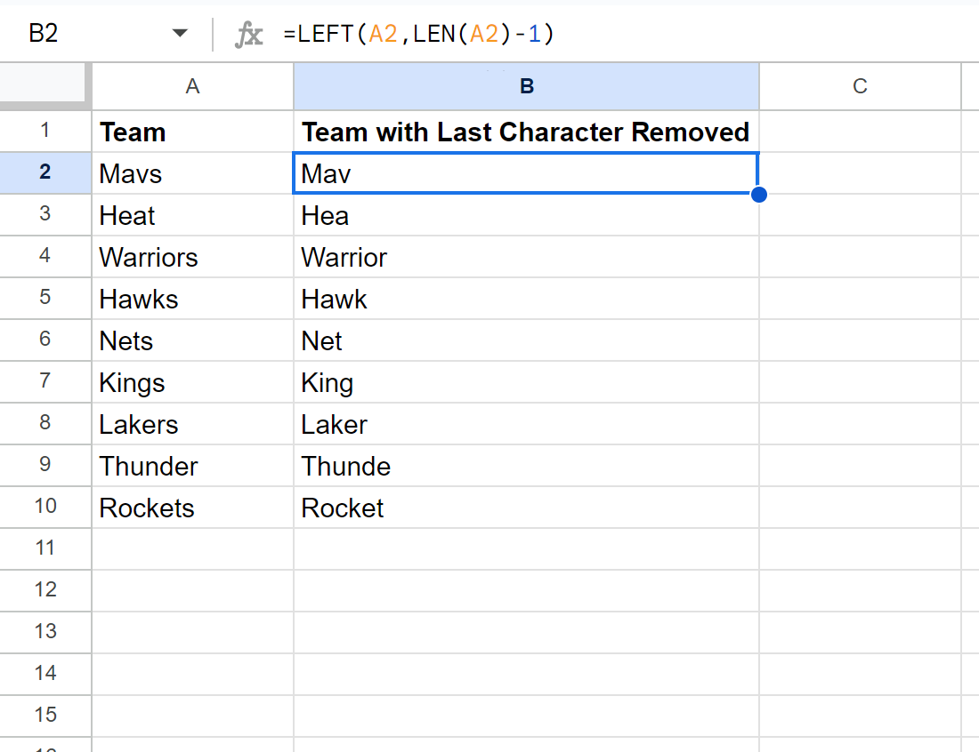 lastc2 Google Sheets remove last character from string