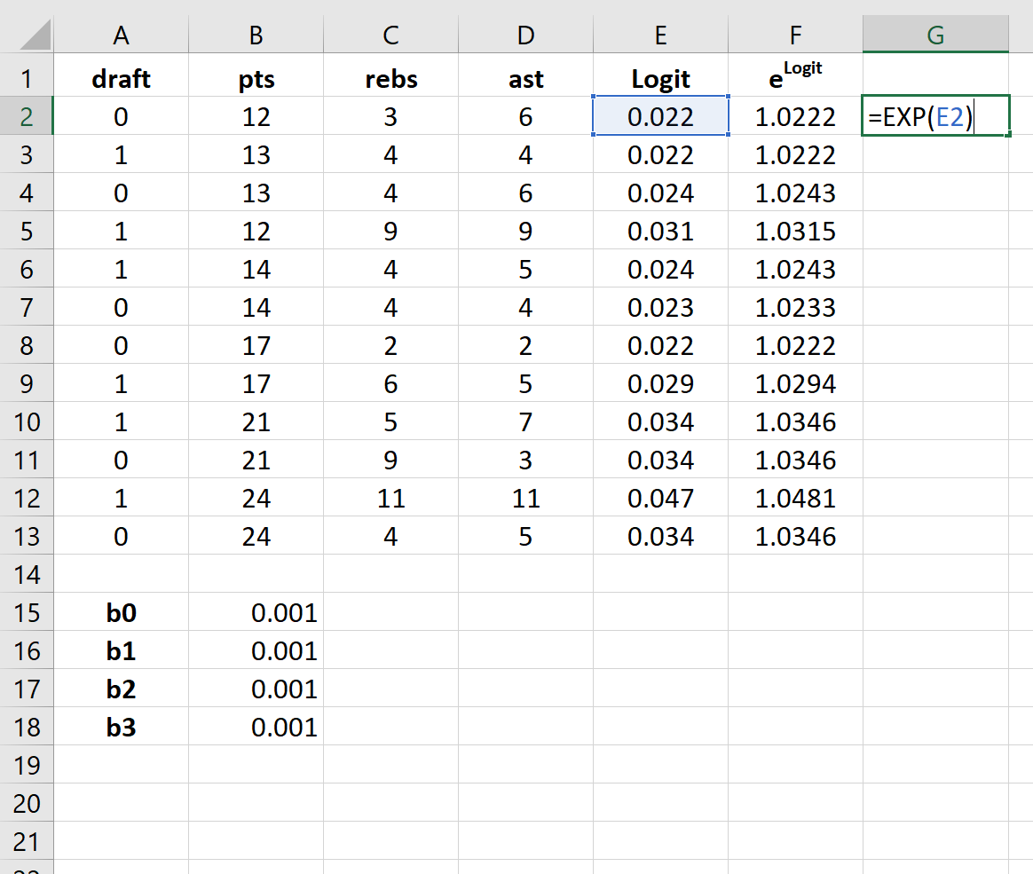 Logistic regression calculations in Excel