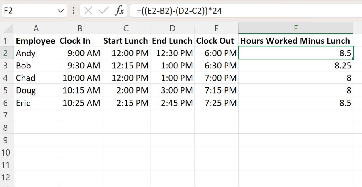 Excel calculate hours worked minus lunch