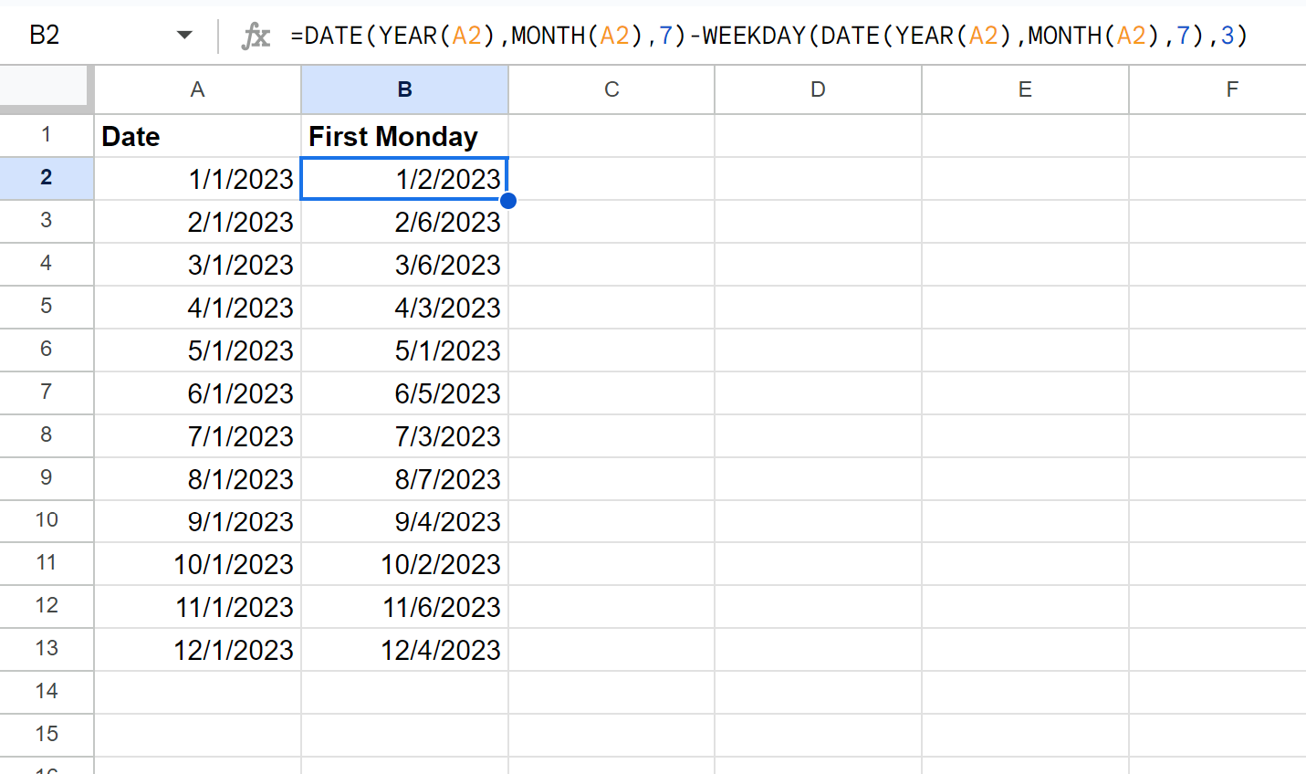 Google Sheets find first Monday of the month