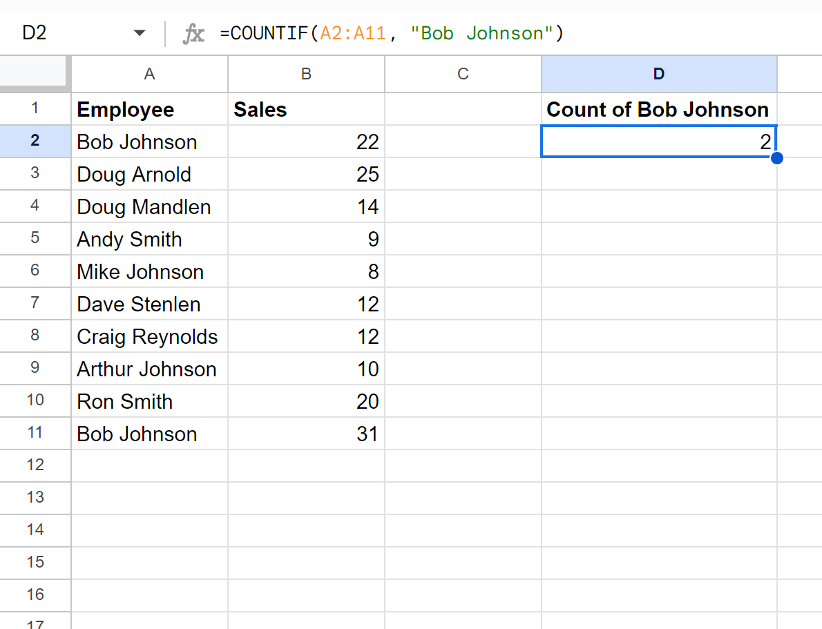 Google Sheets count specific name