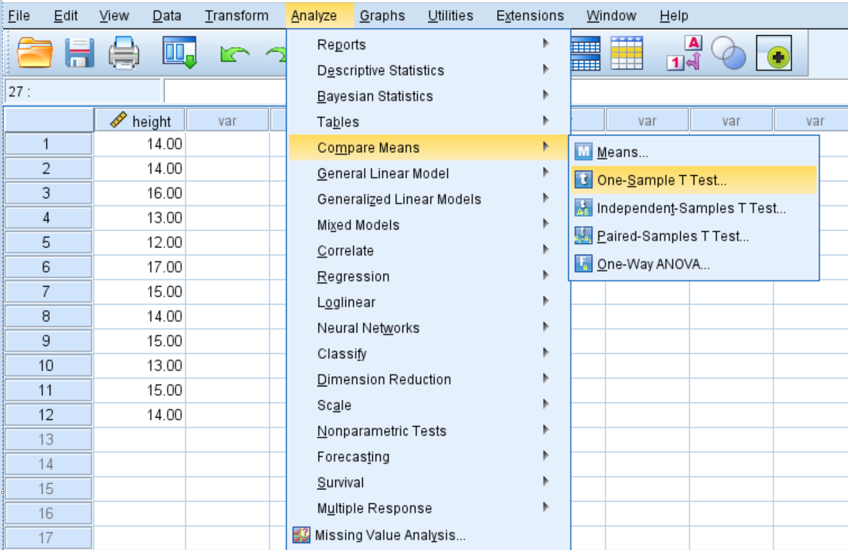 One sample t-test in SPSS
