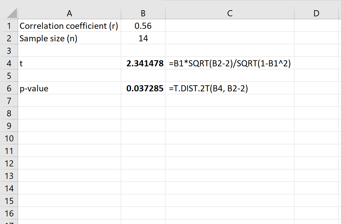 P value for a correlation coefficient in Excel