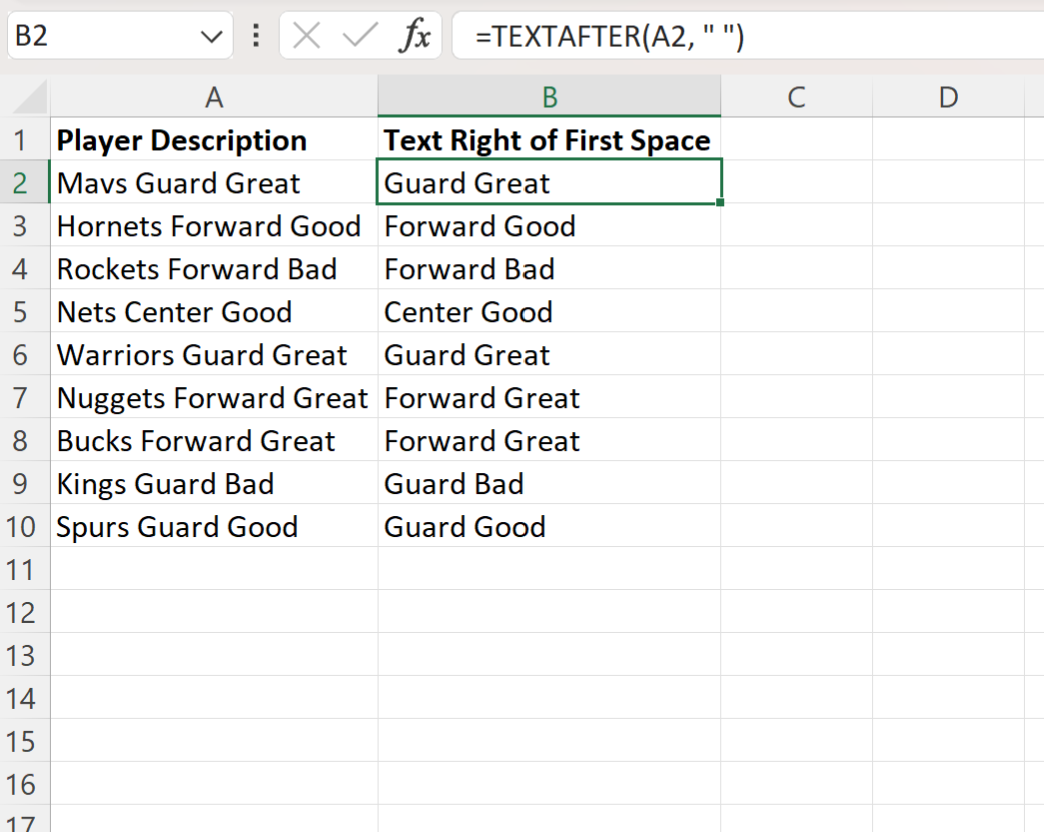 Excel text right of space