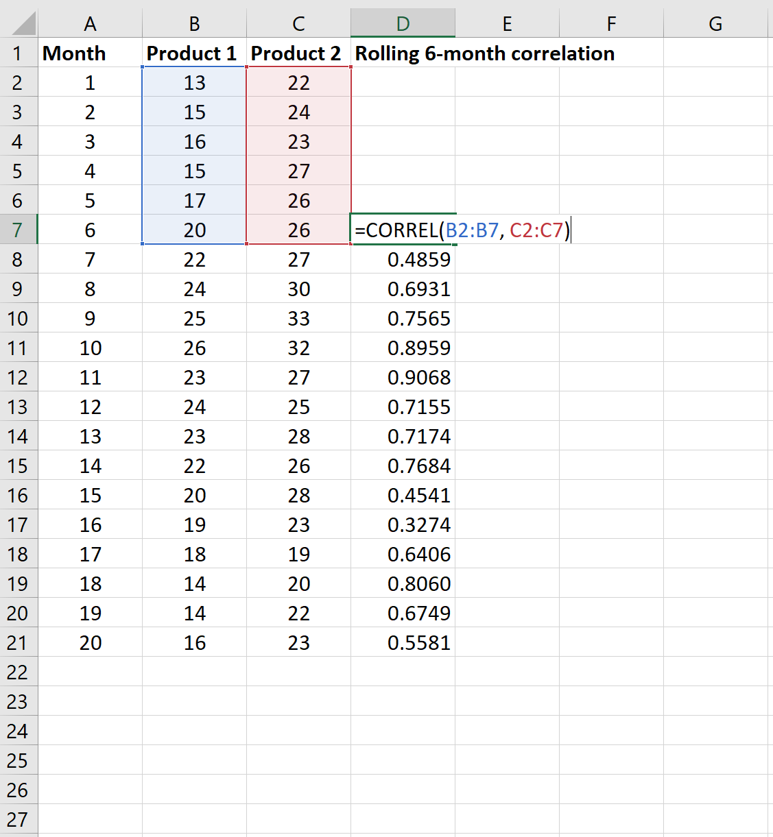 rollingcorrexcel4 6-month rolling correlation in Excel