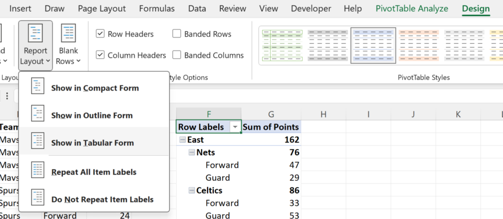 How can I display row labels on the same line in a pivot table using Excel? 2