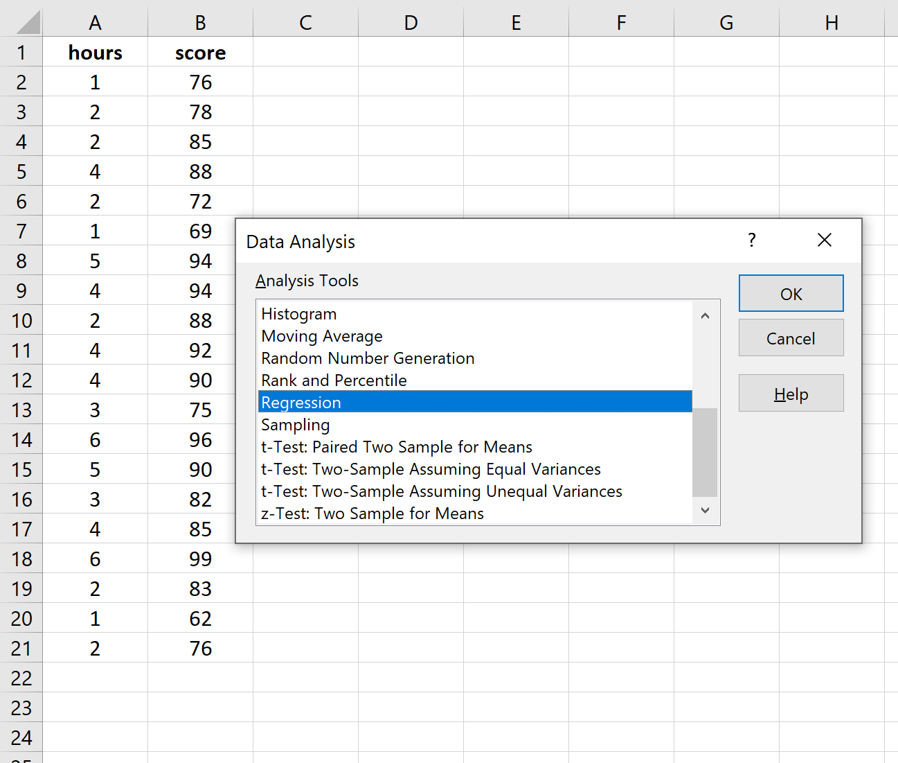 simpleregressionexcel3 Regression option in Excel Data Analysis Toolpak