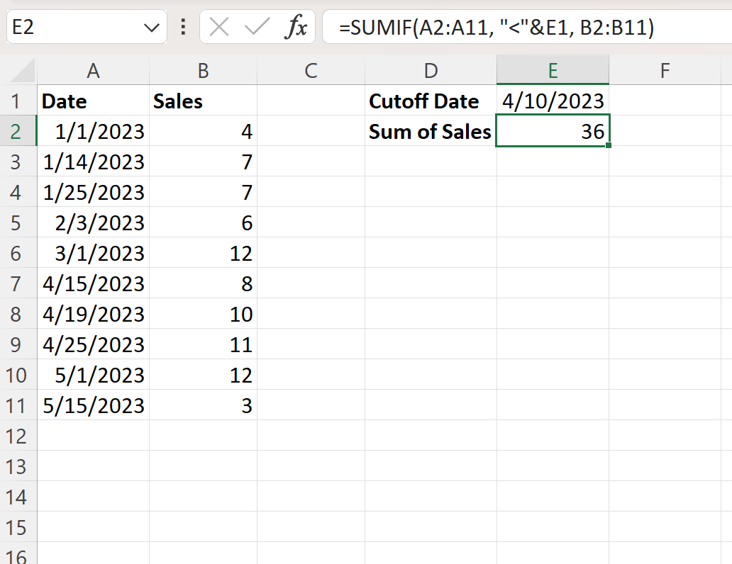 Excel SUMIF before date