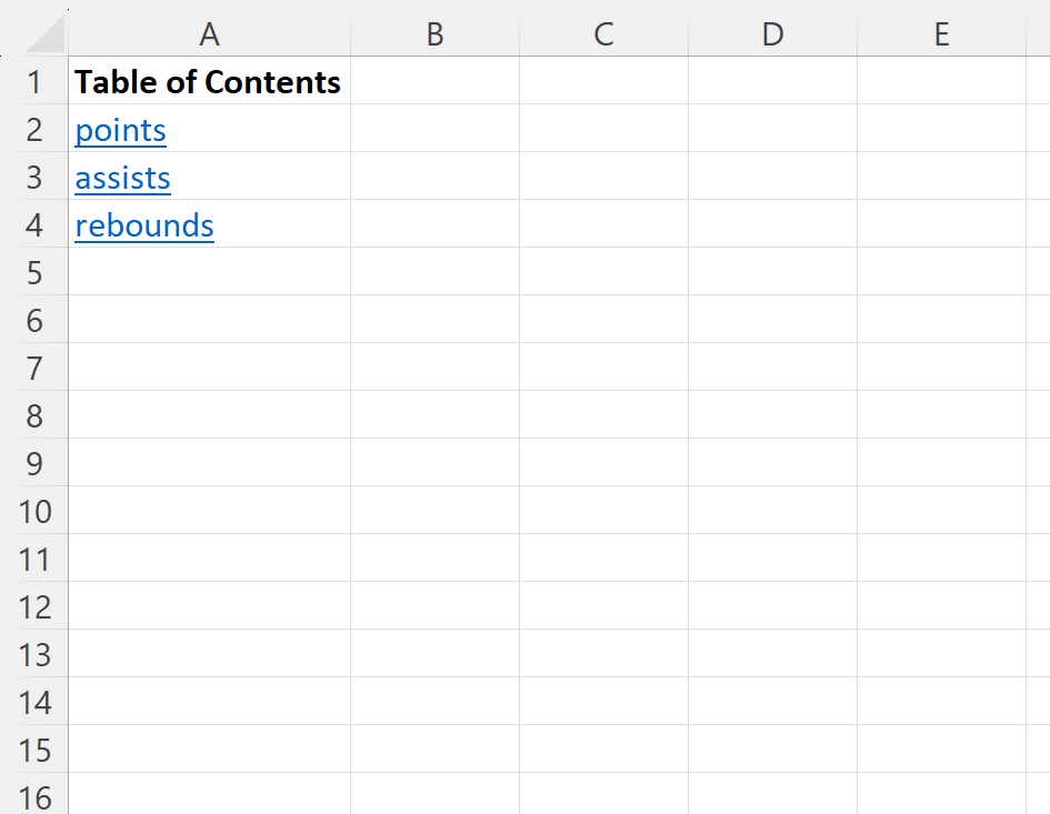 Excel create table of contents