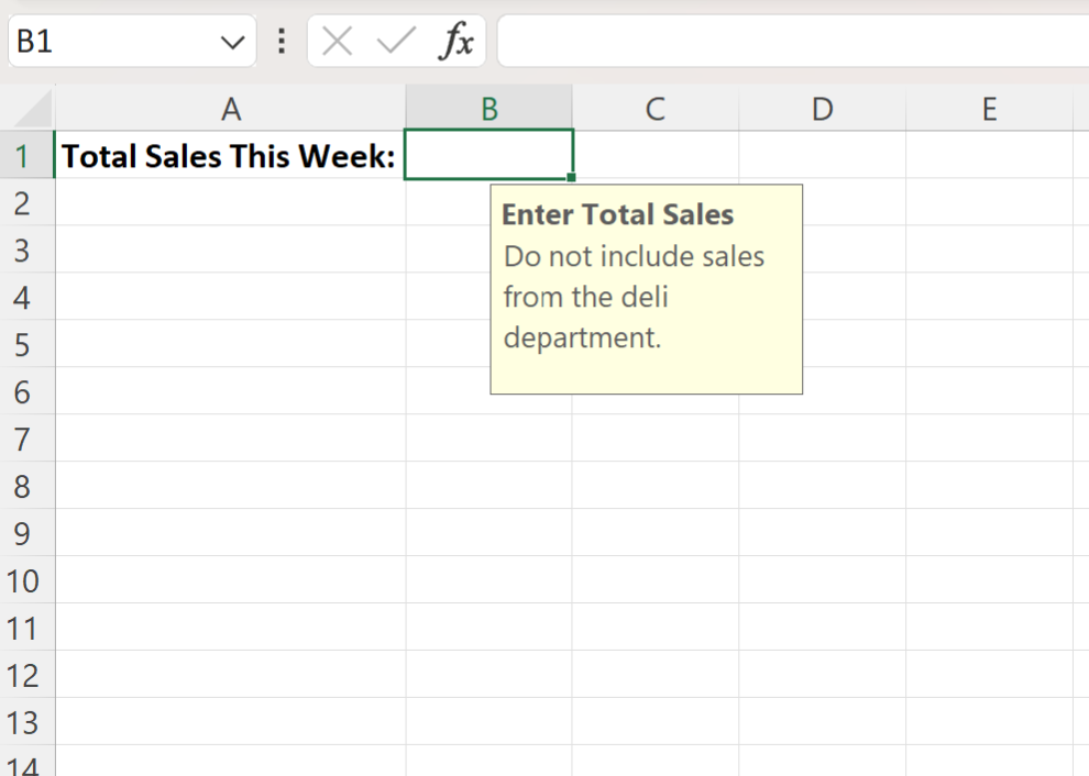 Excel add tooltip to cell