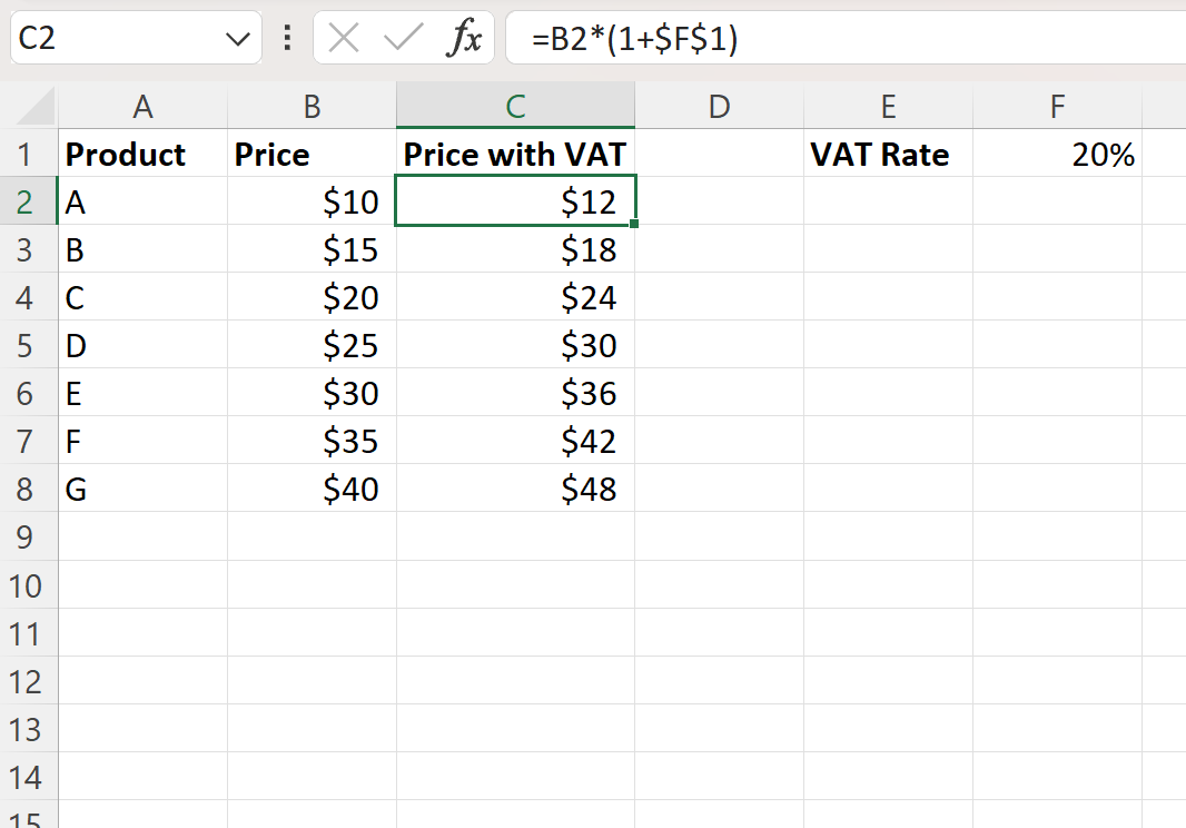 vat2-1 Excel add VAT to price