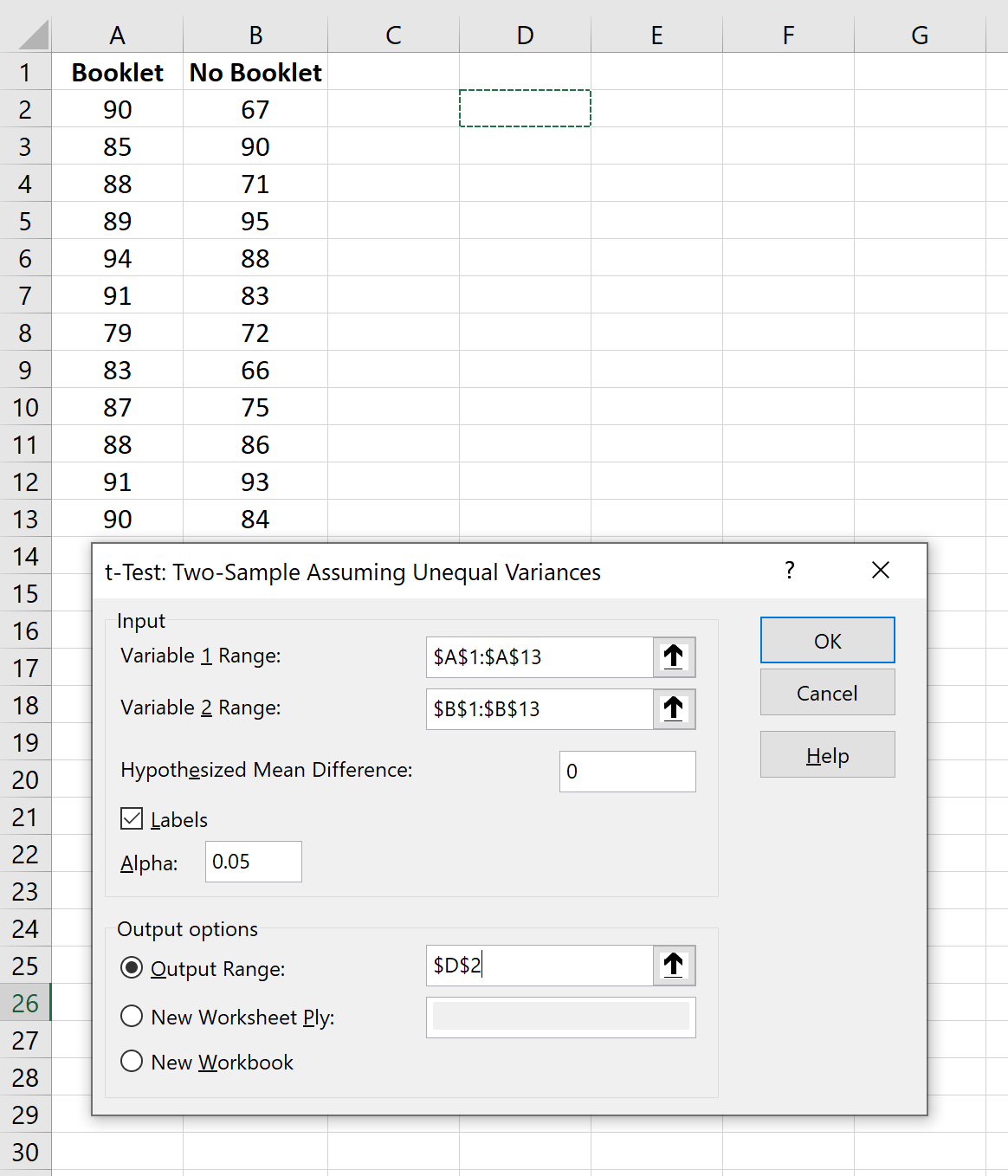 welchexcel2 Welch's t-test in Excel example