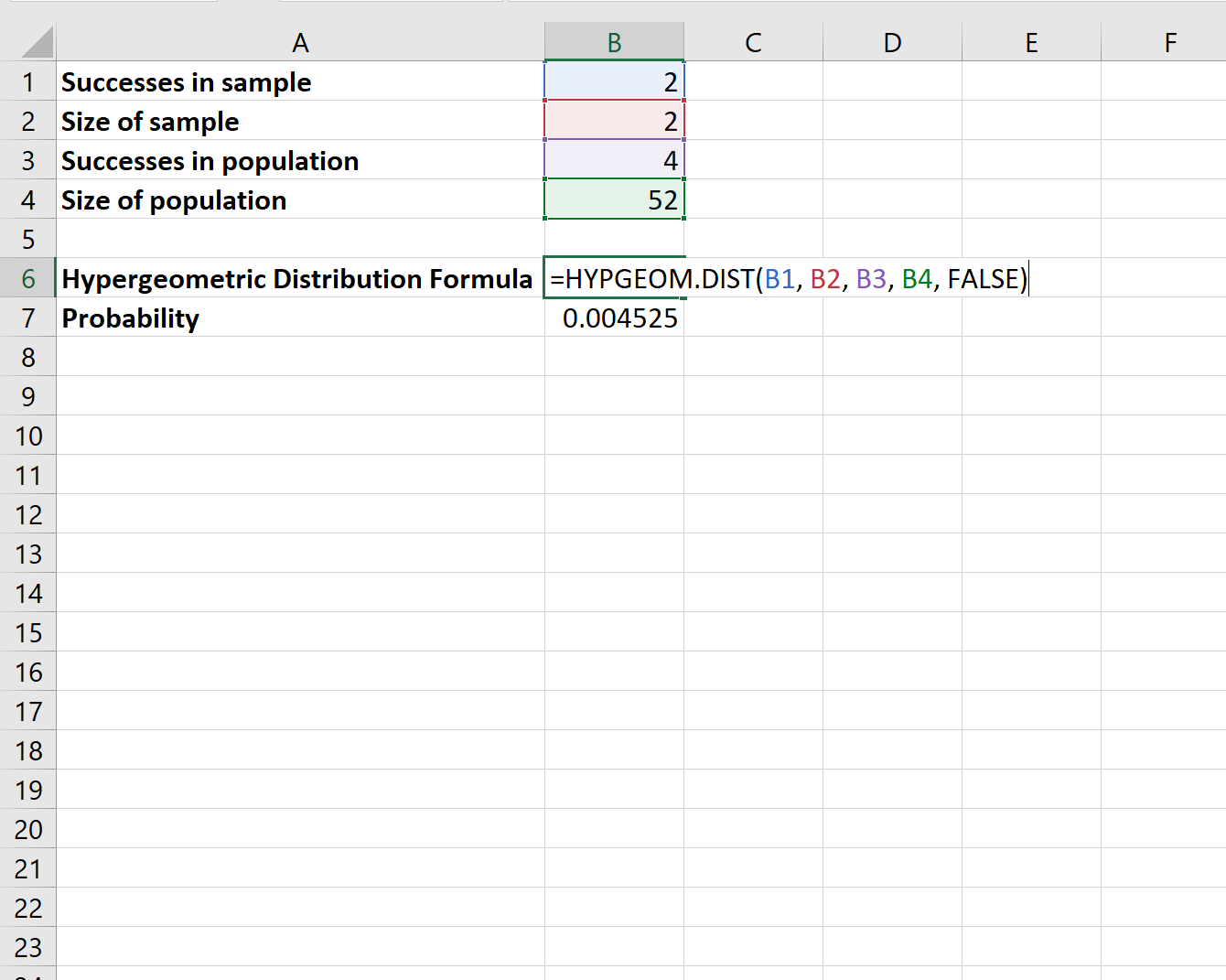 Hypergeometric distribution in Excel