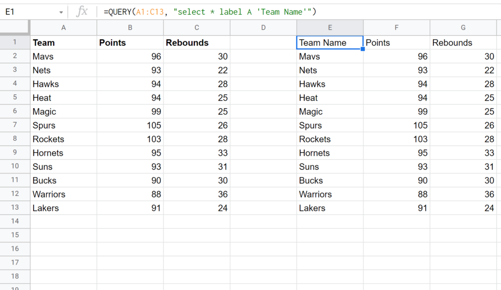 How can the Label clause be used in a Google Sheets Query? 2
