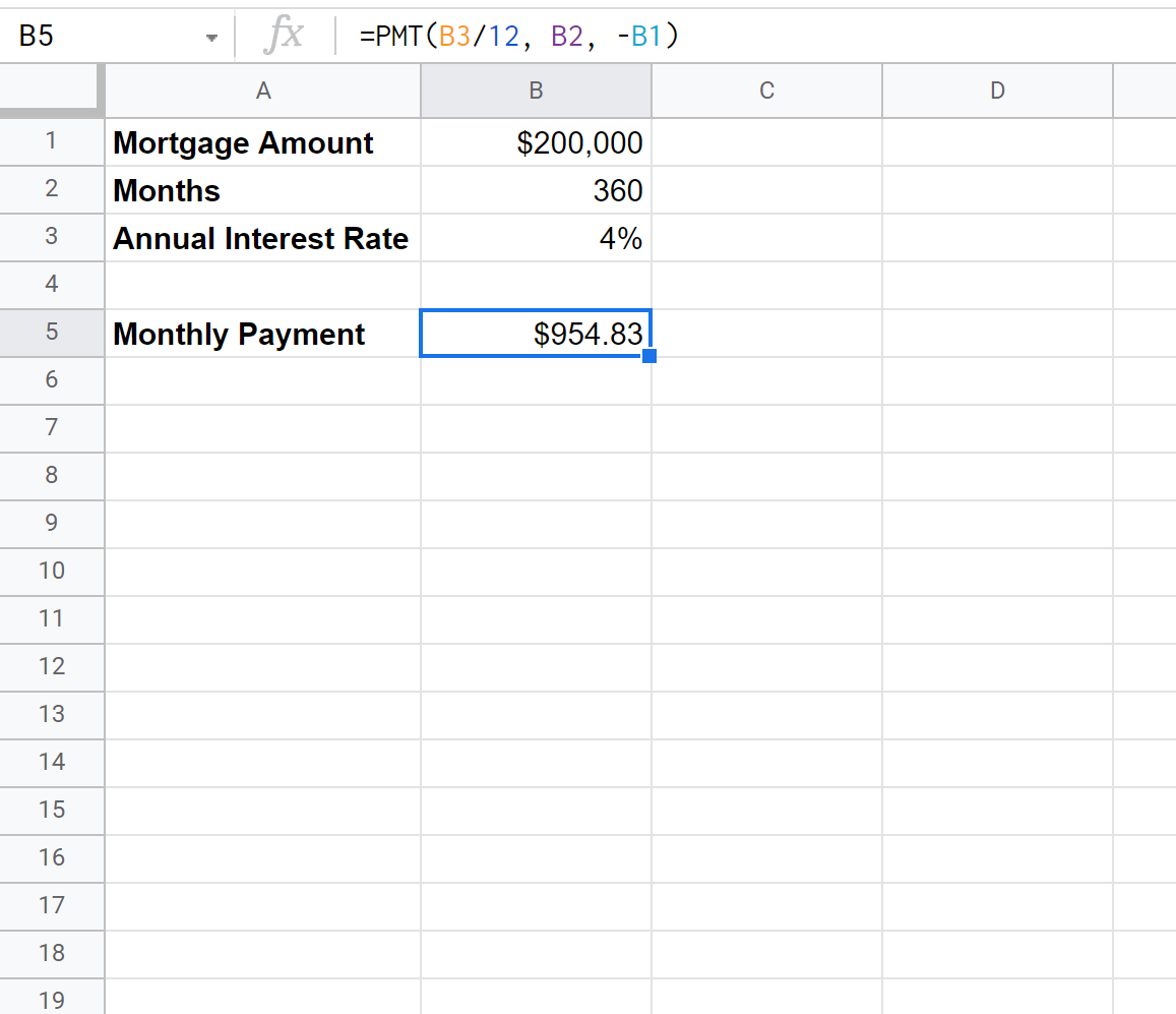PMT function in Google Sheets