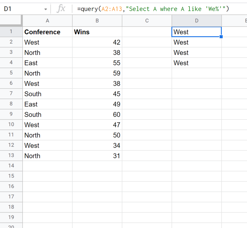 How can I use wildcard characters in a Google Sheets query? 2