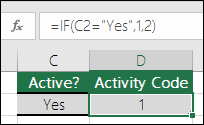 9f8095f1-ed25-451b-a818-e2b9db01d829 Cell D2 contains a formula =IF(C2="Yes",1,2)
