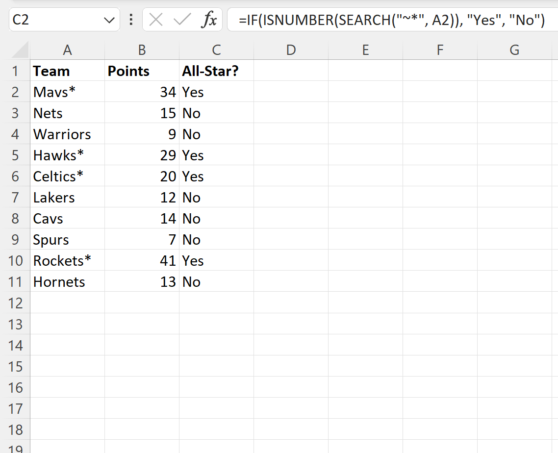 ast2 Excel search for asterisk in cell