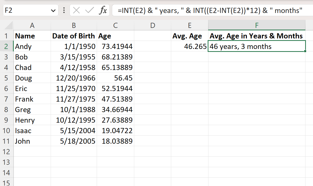 calculate average age in Excel
