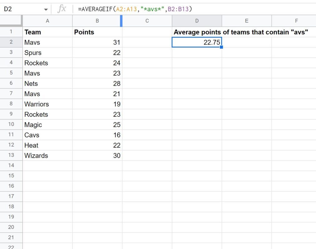 Google Sheets average if cell contains text