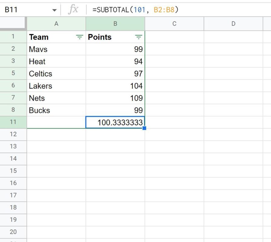 average of filtered rows in Google Sheets