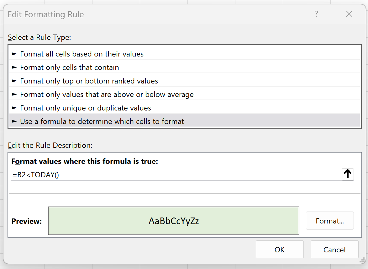 Excel conditional formatting if date is before today
