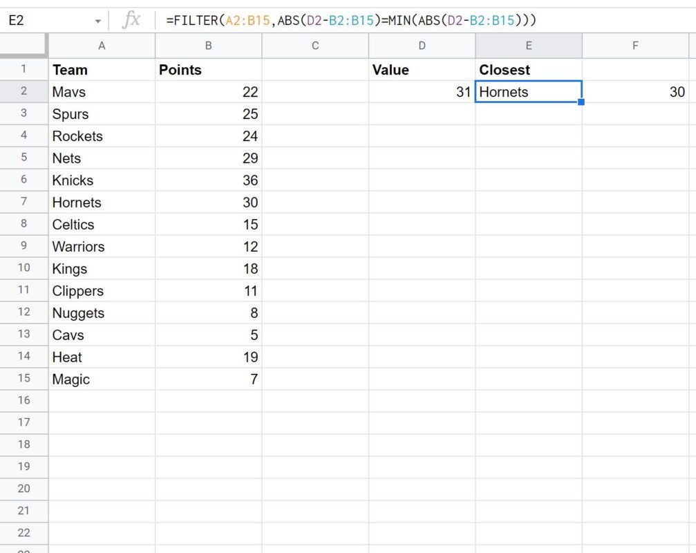 close1 Google Sheets find closest value