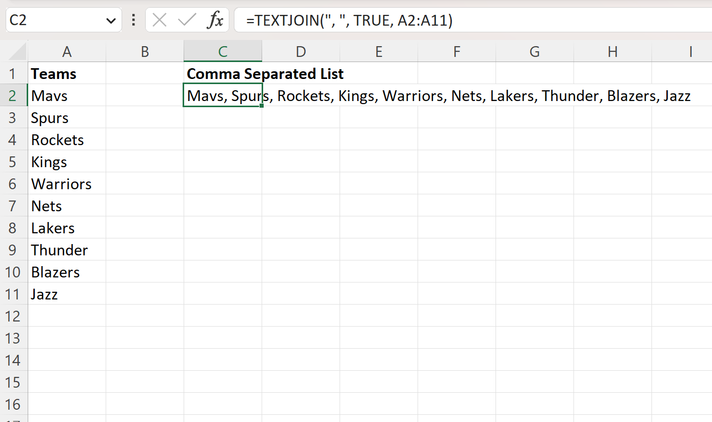 comms2 Excel convert column to comma separated list