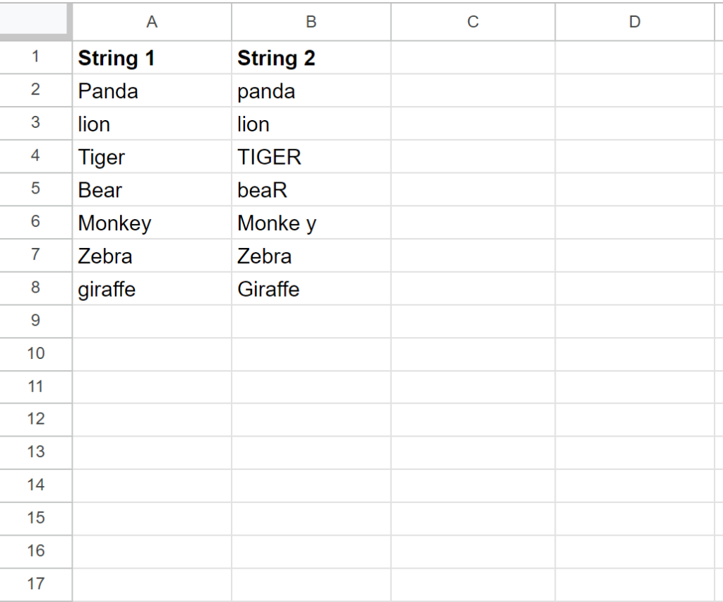 How can I compare strings in Google Sheets? Can you provide an example? 2