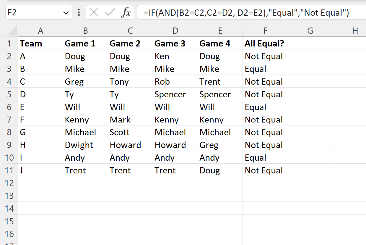Excel compare four columns
