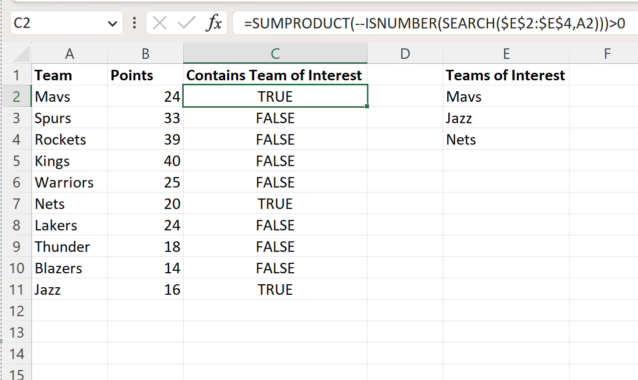 Excel check if cell contains one of several values