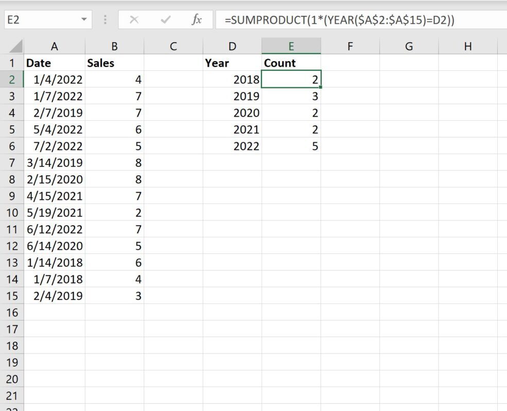Excel count by year