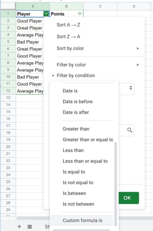 custom3 Google Sheets filter using custom formula