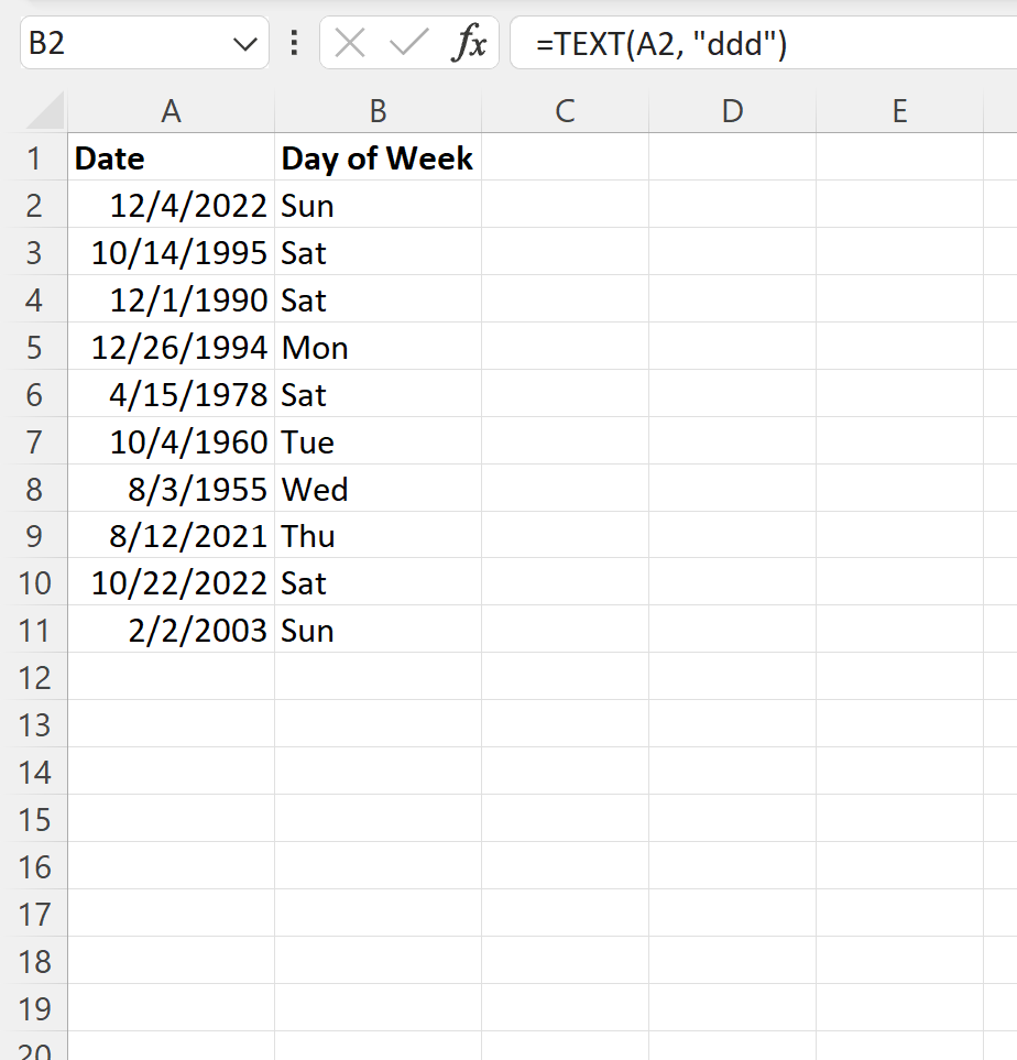 dayof2 Excel convert date to abbreviated day of week
