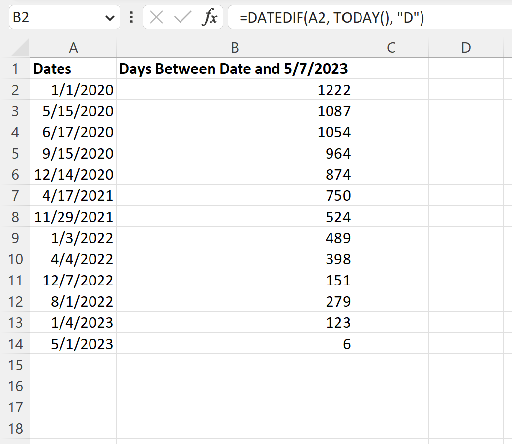 Excel days between date and today