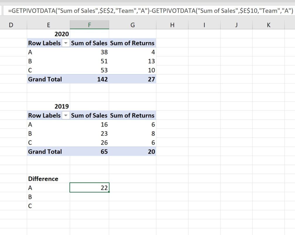 diffpivot2 Excel calculate difference between two pivot tables
