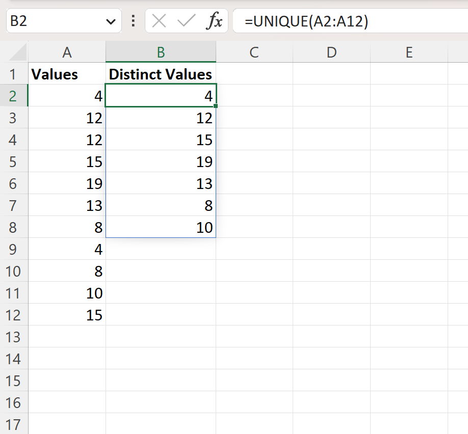 Excel get distinct values from column