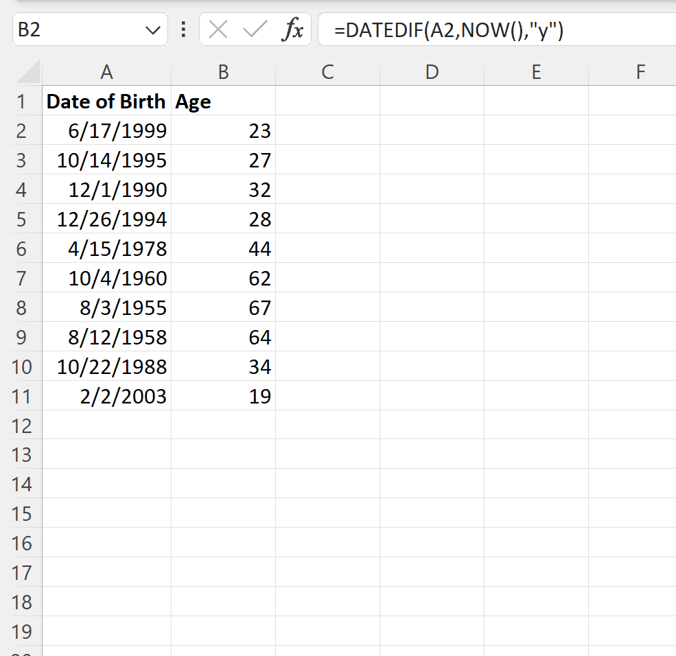 dob2 Excel convert date of birth to age