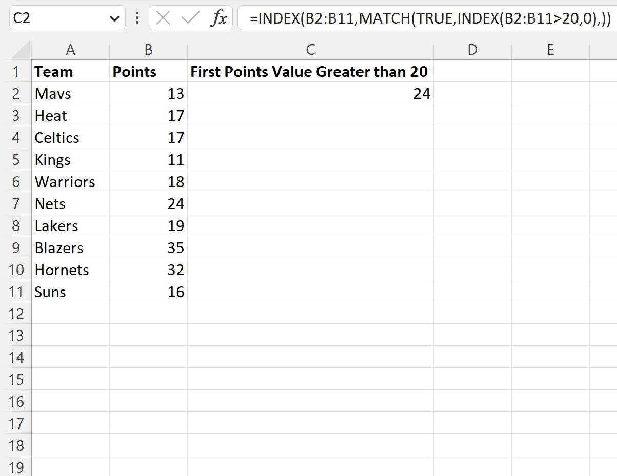 Excel find first value greater than