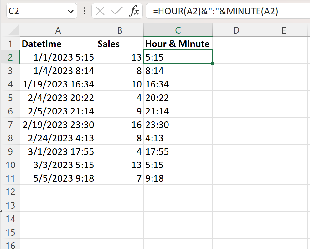 Excel extract hour and minute from datetime